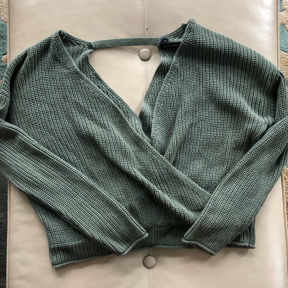 [moon & madison] green sweater with cut out back, off the shoulder/slouch look
